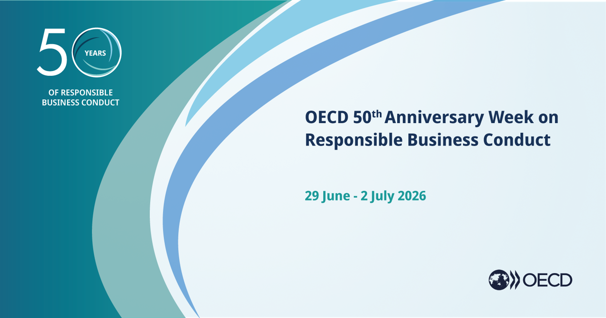 OECD banner celebrating 50 years of responsible business conduct. 29 June to 2 July 2026.